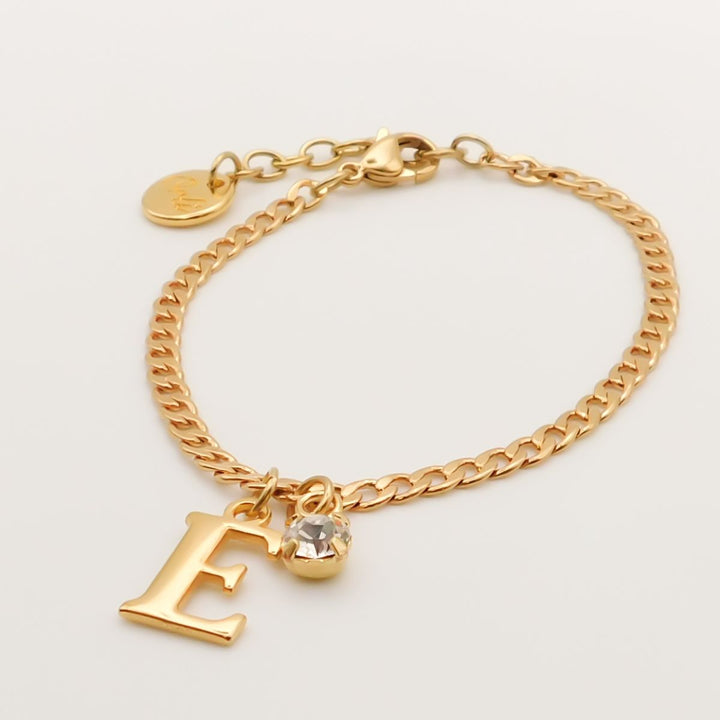 Outlet- Curb Chain Bracelet with Initial and Birthstone, Gold