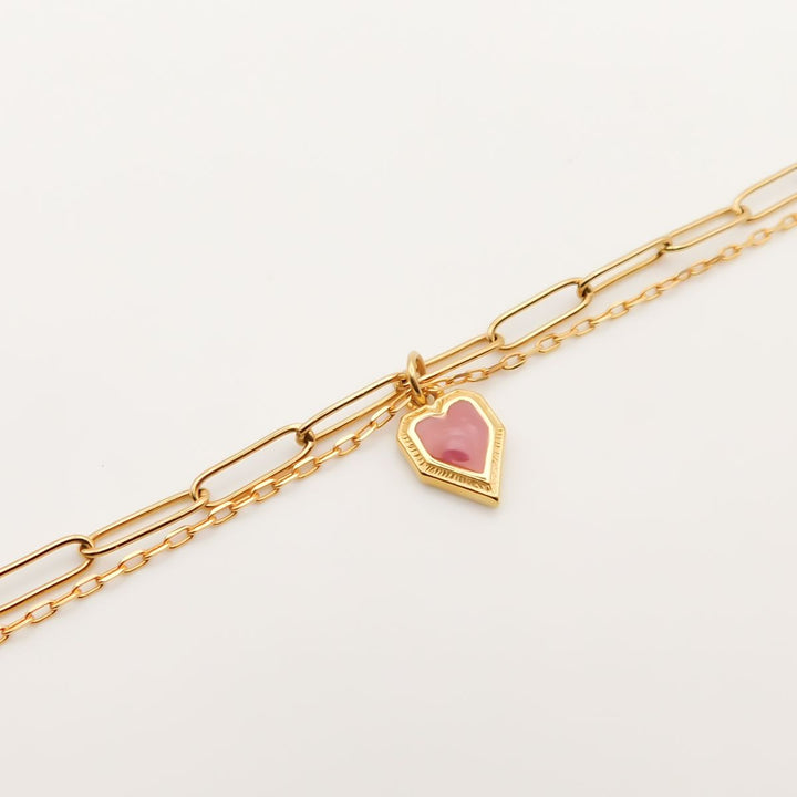 Outlet- Double Chain Enamel Heart Bracelet, Red