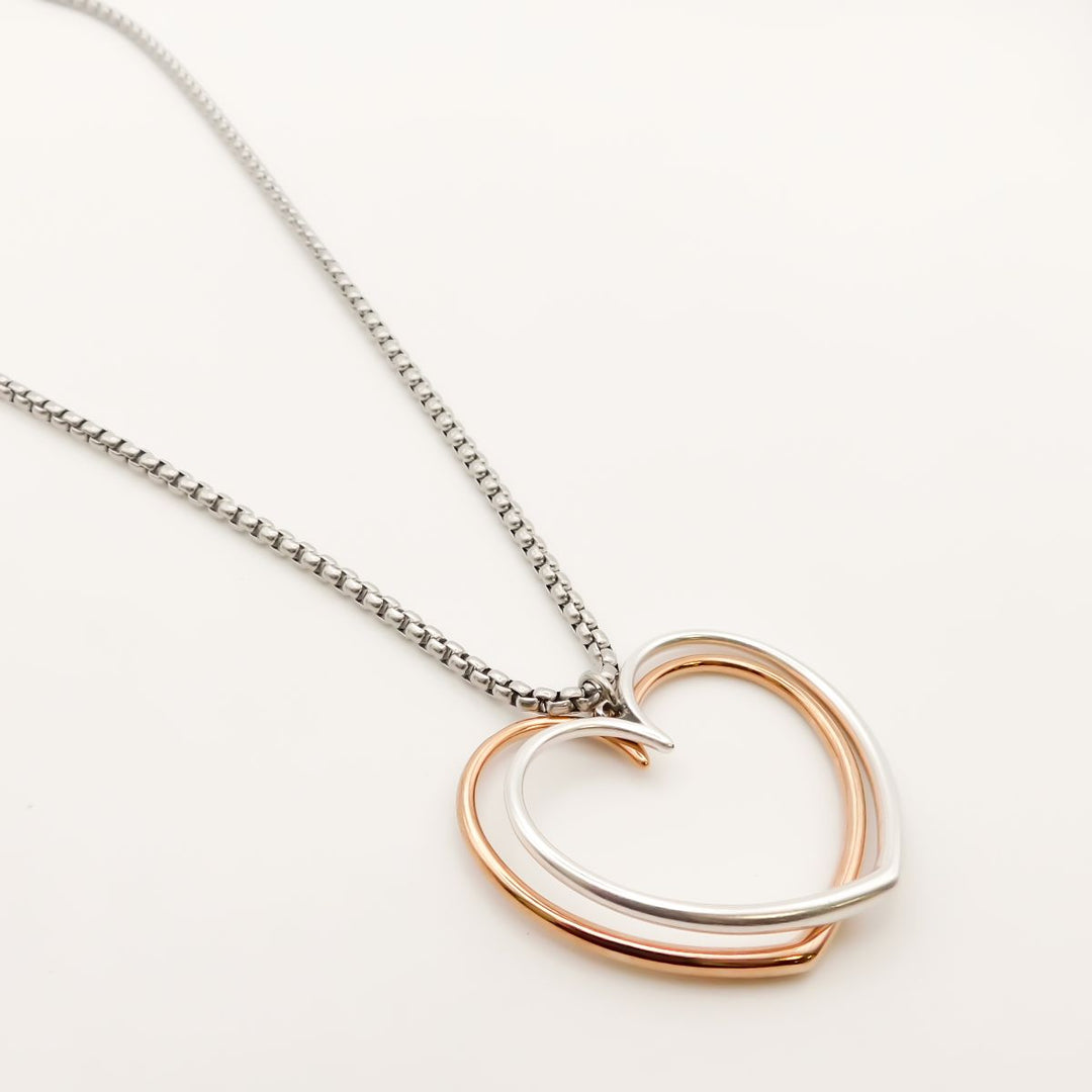 Outlet- Twin Open Hearts Long Statement Necklace, Silver & Rose Gold
