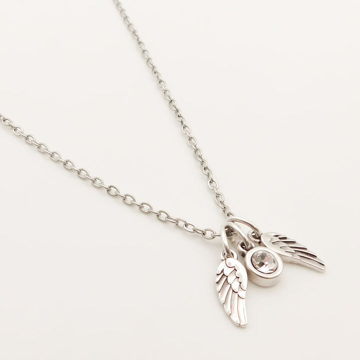 Outlet- Twin Angel Wings & Birthstone Necklace, Silver