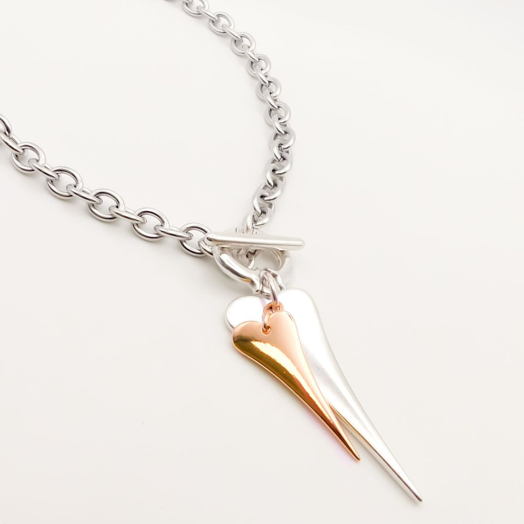 Pointed Heart & Mini Heart Chunky Necklace, Silver & Rose Gold