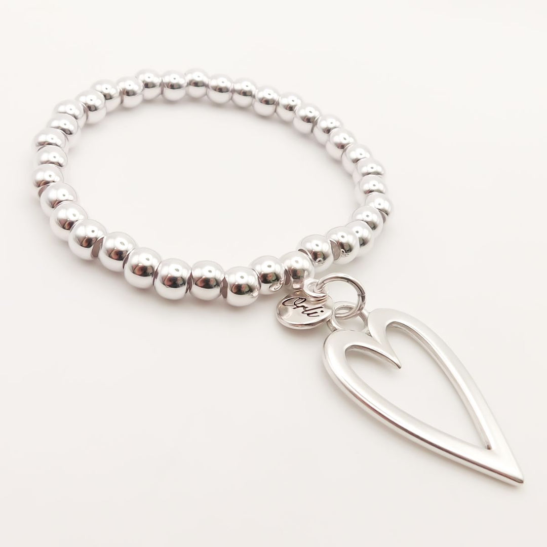 Outlet- Open Heart Chunky Beads Bracelet, Silver