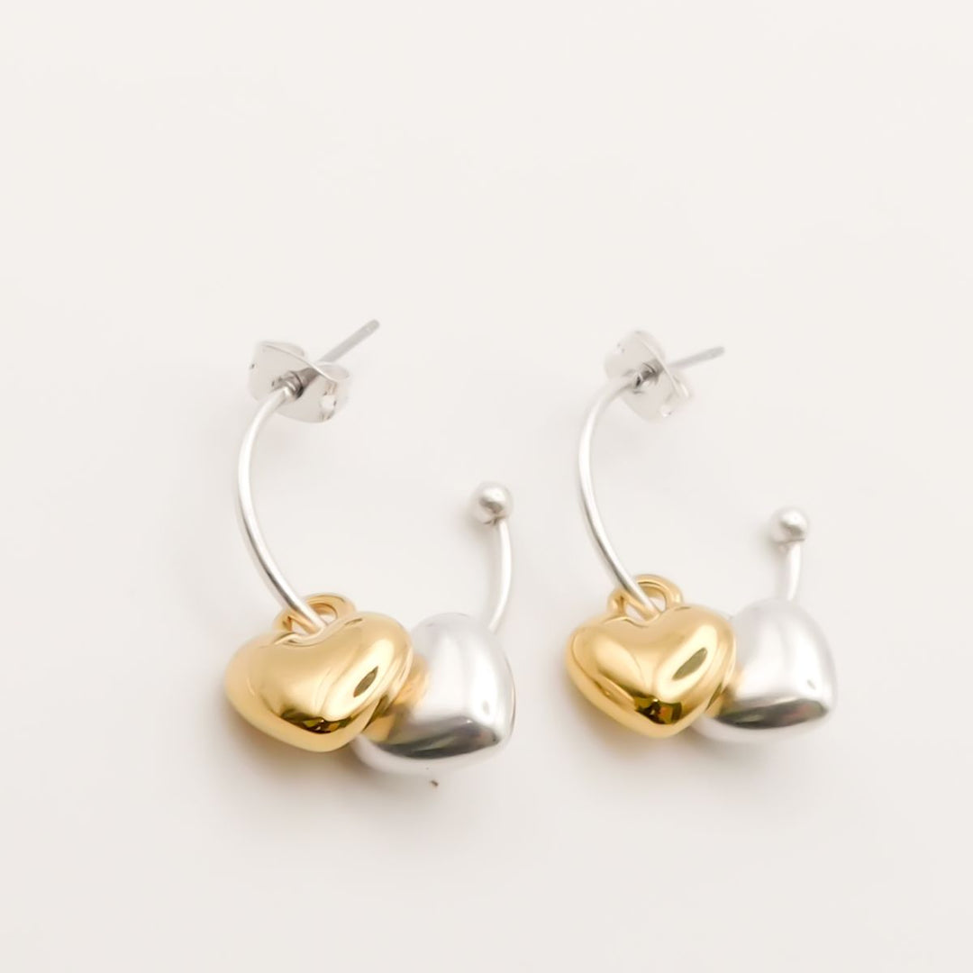 Twin Puffed Heart Hoop Earrings, Silver & Gold