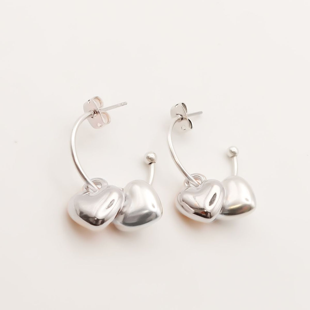 Twin Puffed Heart Hoop Earrings, Silver