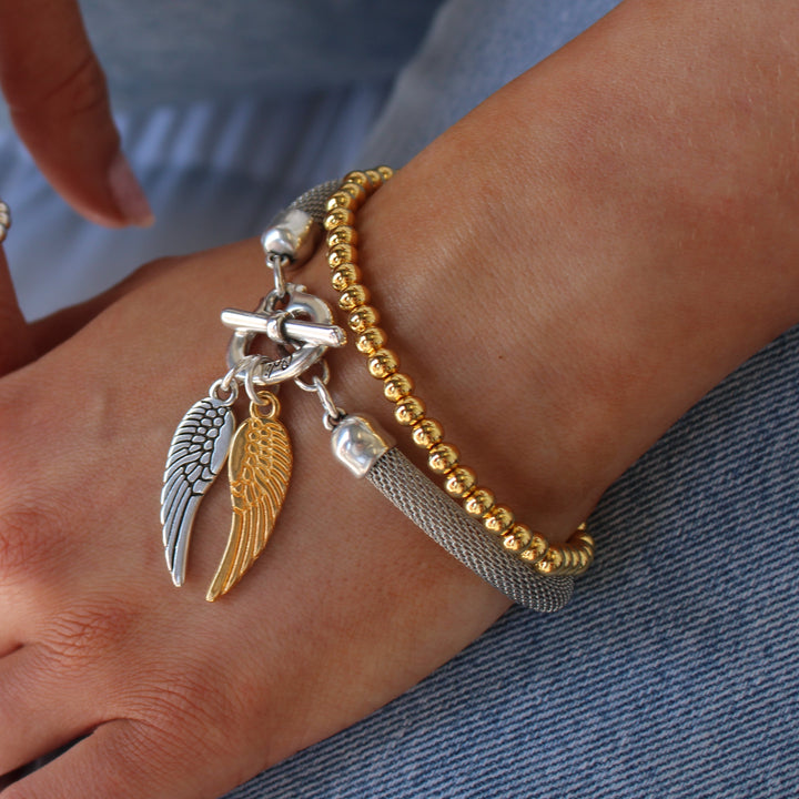 Outlet- Twin angel wings mesh chain bracelet, silver and gold