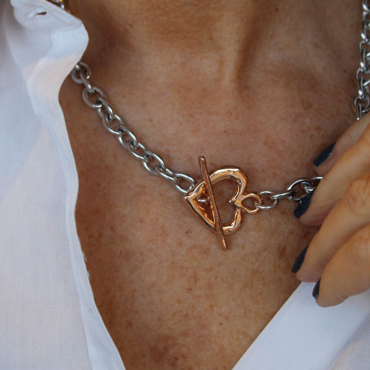 Hammered Heart T-bar Necklace, Silver and Rose Gold