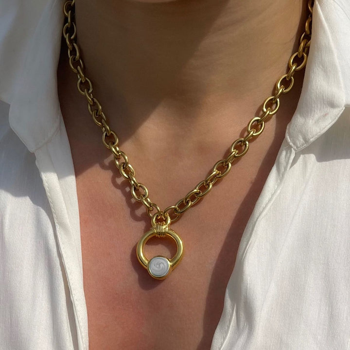Outlet- White Enamel Chunky Chain Necklace, Gold