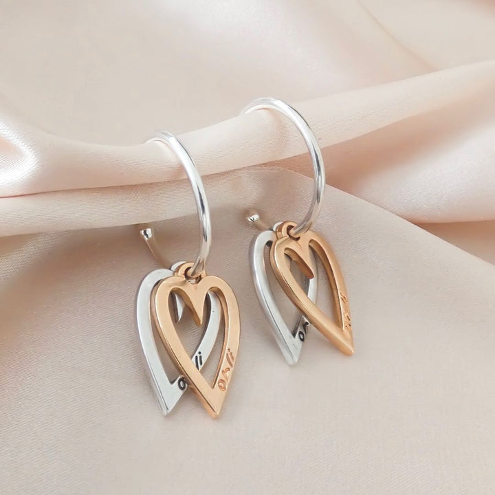 Twin Open Heart Hoop Earrings, Silver & Rose Gold