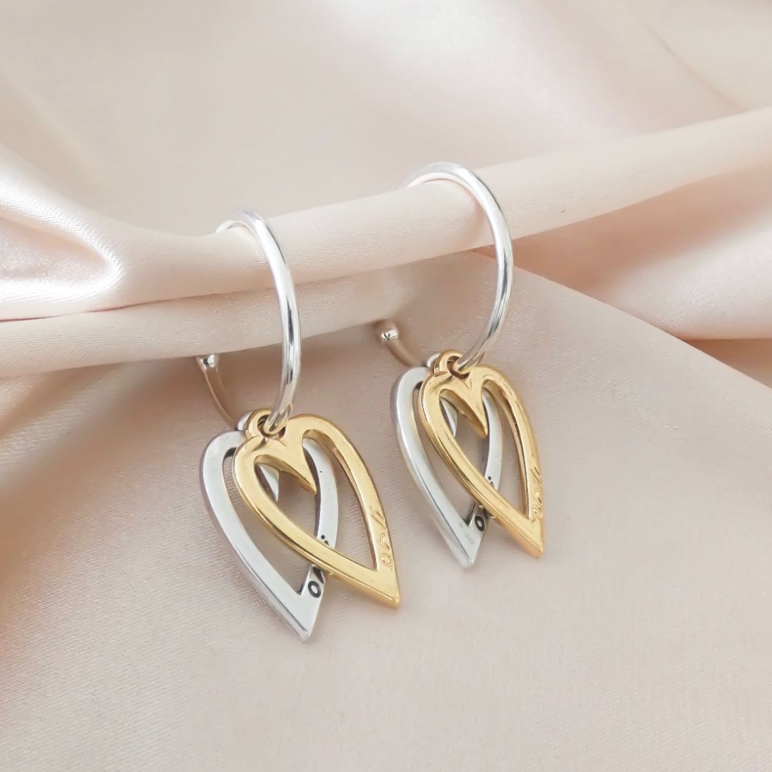 Twin Open Heart Hoop Earrings, Silver & Gold