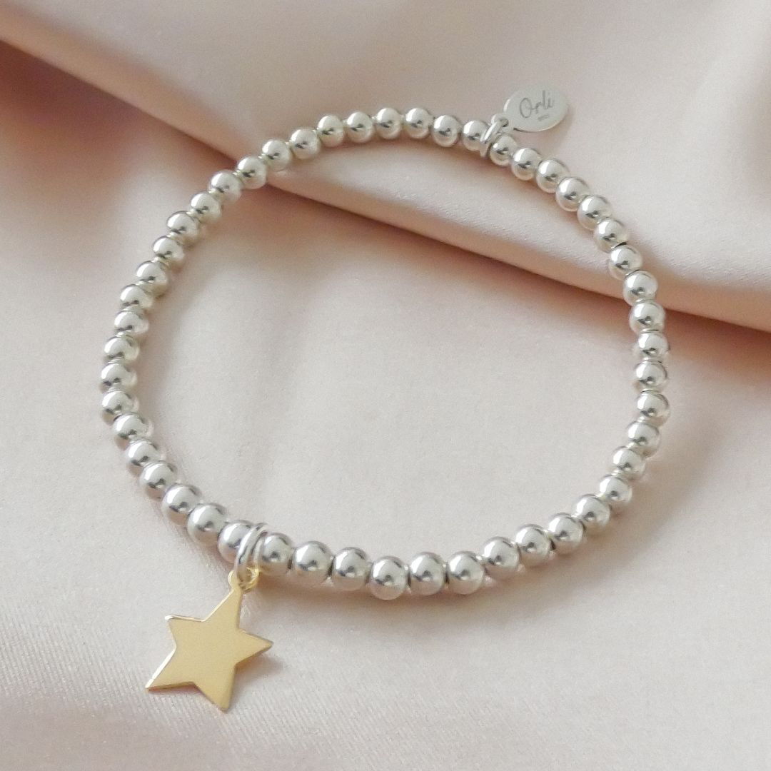 Sterling Silver Star Beads Bracelet, Silver & Gold