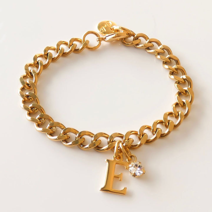 Outlet- Initial and Birthstone Personalised Chunky Curb Bracelet, Gold