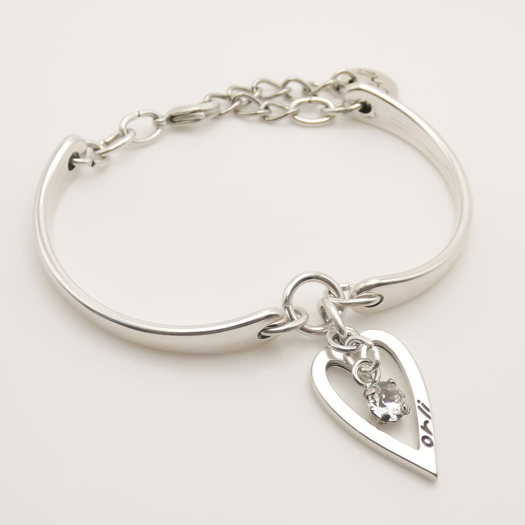 Open Heart & Birthstone Personalised Brangle, Silver