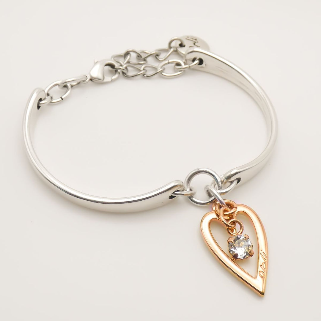 Open Heart & Birthstone Personalised Brangle, Silver & Rose Gold