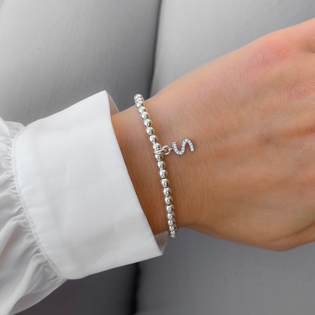 Sterling Silver Personalised Crystal Initial Beads Bracelet