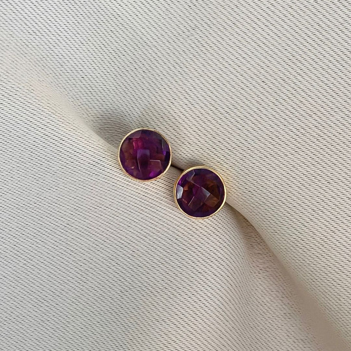 Outlet- Sterling Silver Amethyst Round Stud Earrings, Gold