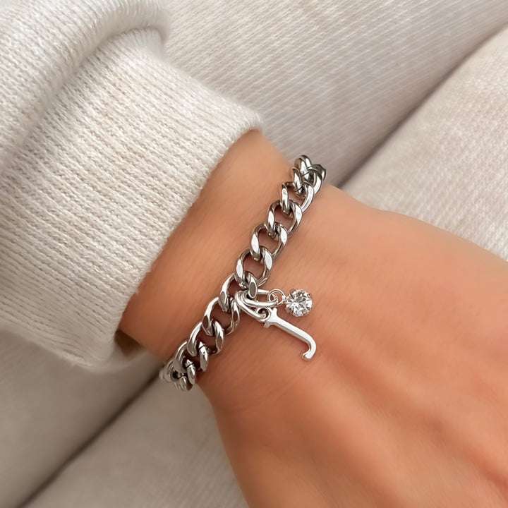 Outlet- Initial and Birthstone Personalised Chunky Curb Bracelet, Silver